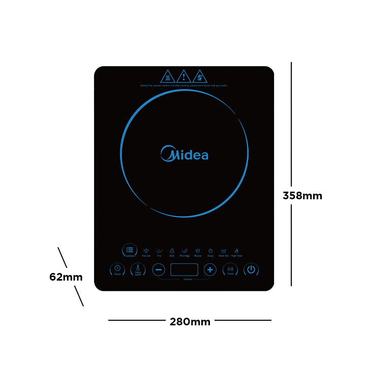 Midea 2100W Glass Touch Induction Cooker with 8 Cooking Functions, Flameless Heating and Auto Safety Shut-off Feature