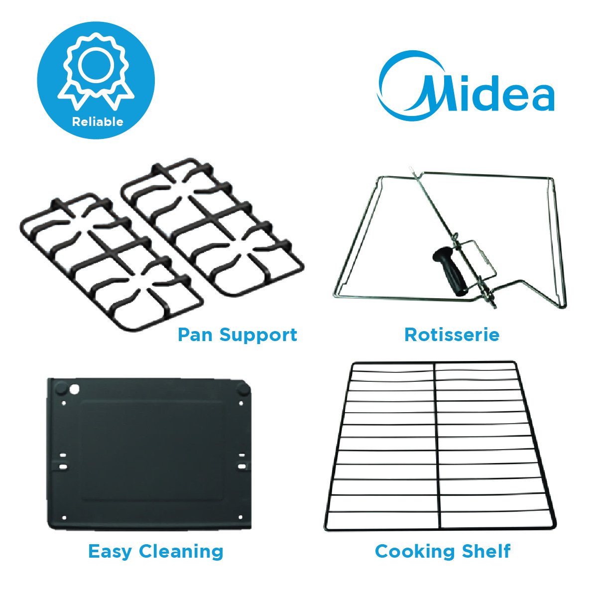 Midea 60cm Black Gas Range (4 Gas Burners)